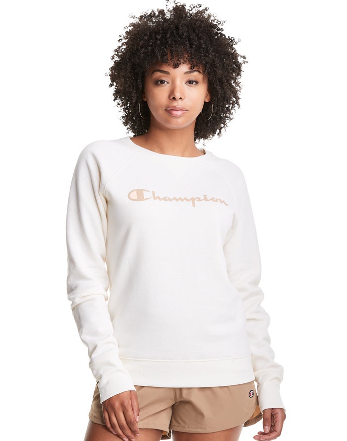 Champion Sweatshirt Dames - Wit - Powerblend Fleece Classic Crew Script Logo ( 620879-ORB )